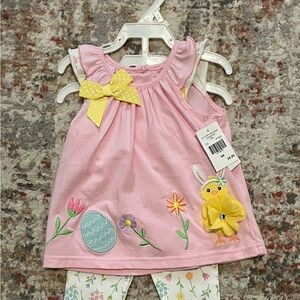 Pink Dress with Yellow Bow and Floral Leggings